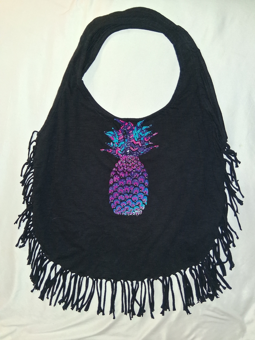 Black Fringe Tote with Sequin Pineapple